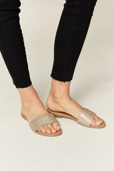 Rose Gold Rhinestone Open Toe Flat Sandals