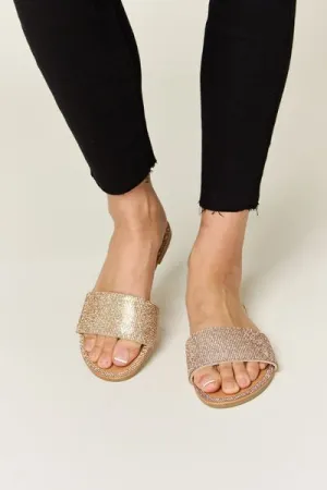 Rose Gold Rhinestone Open Toe Flat Sandals