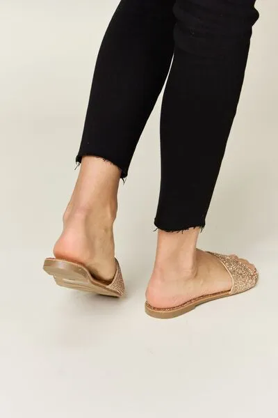 Rose Gold Rhinestone Open Toe Flat Sandals