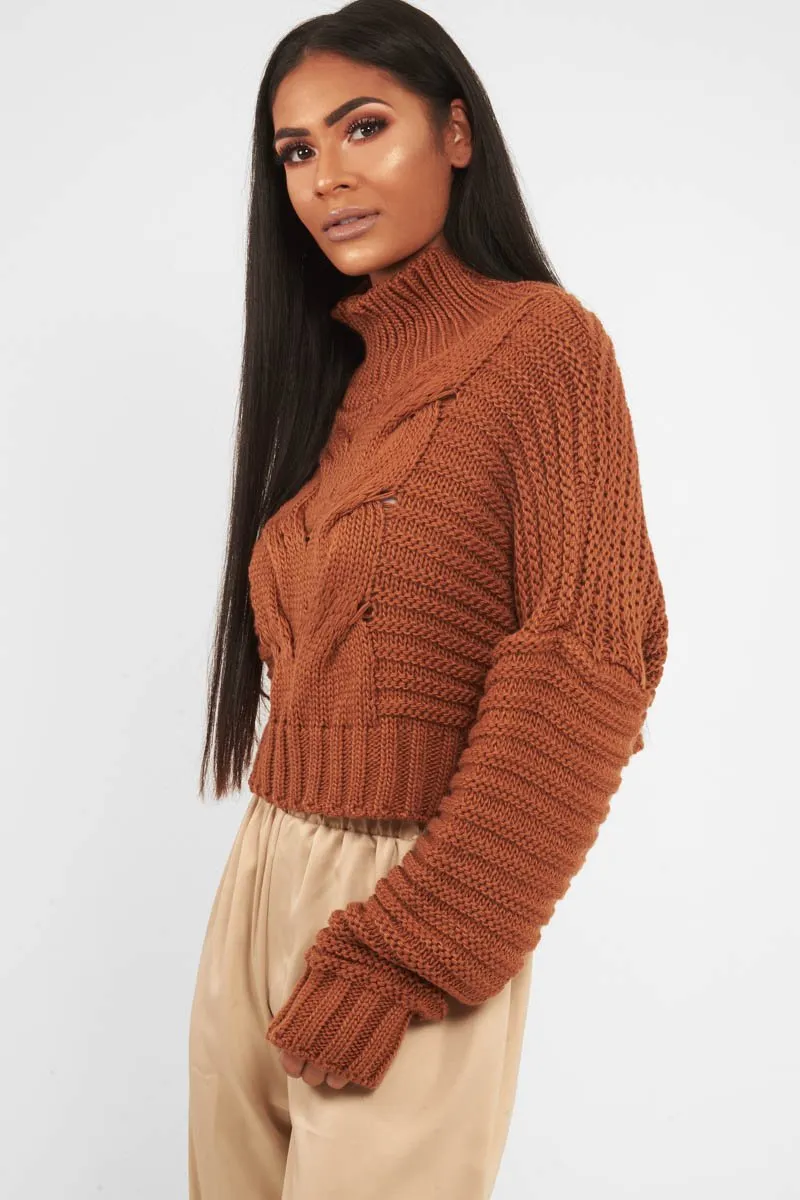 Rust Cable Knit Sleeve Detail Jumper - Miyonna