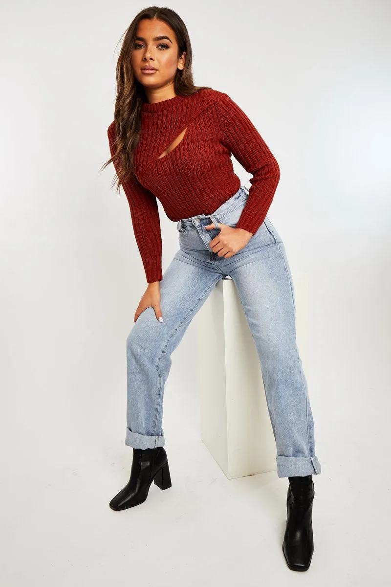 Rust Chest Cut Out Knit Jumper - Heather