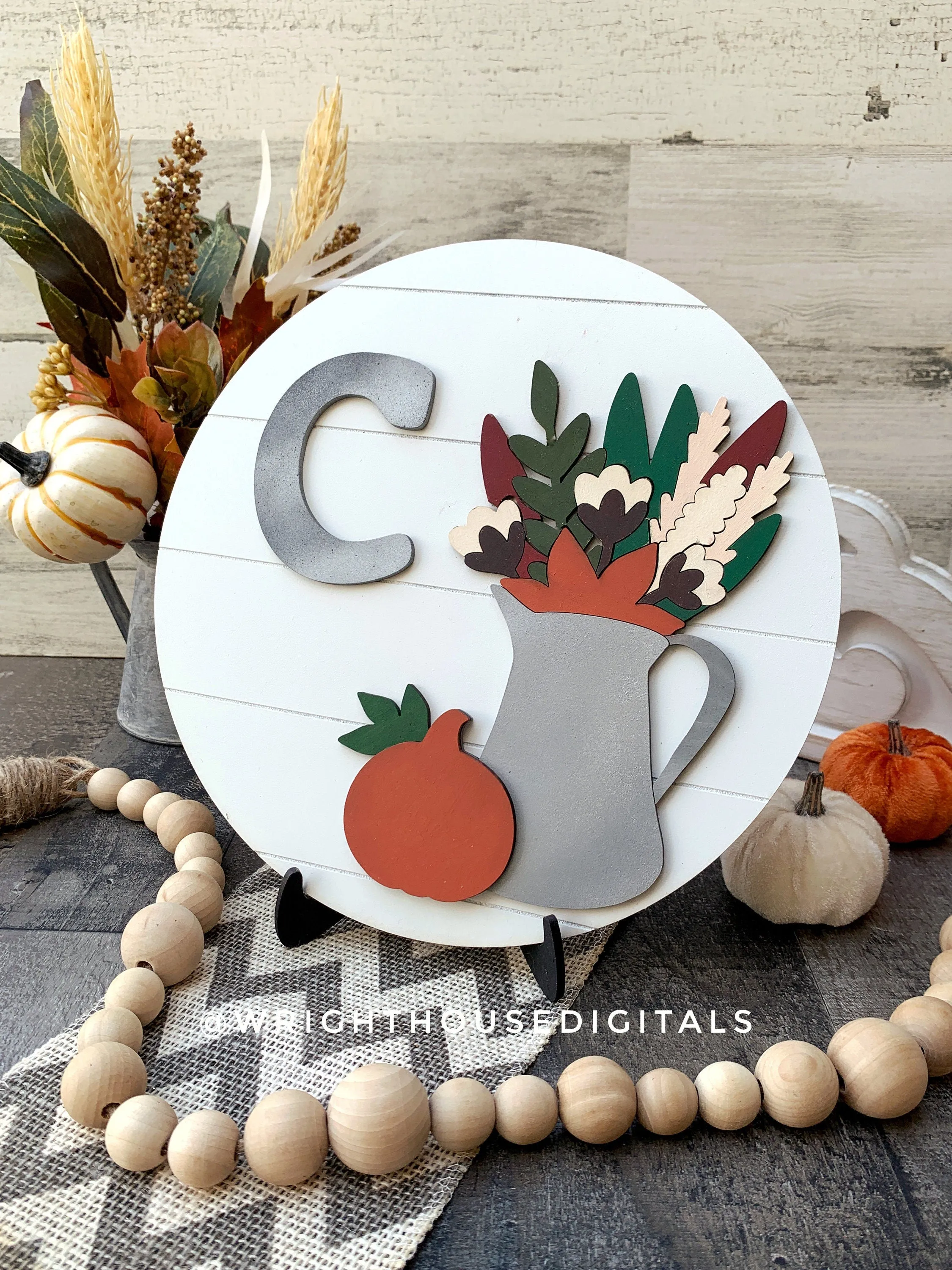 Rustic Farmhouse Pumpkin Autumn Foliage Shelf Sitter - Seasonal Sign Making and DIY Kits - Cut File For Glowforge Lasers - Digital SVG File