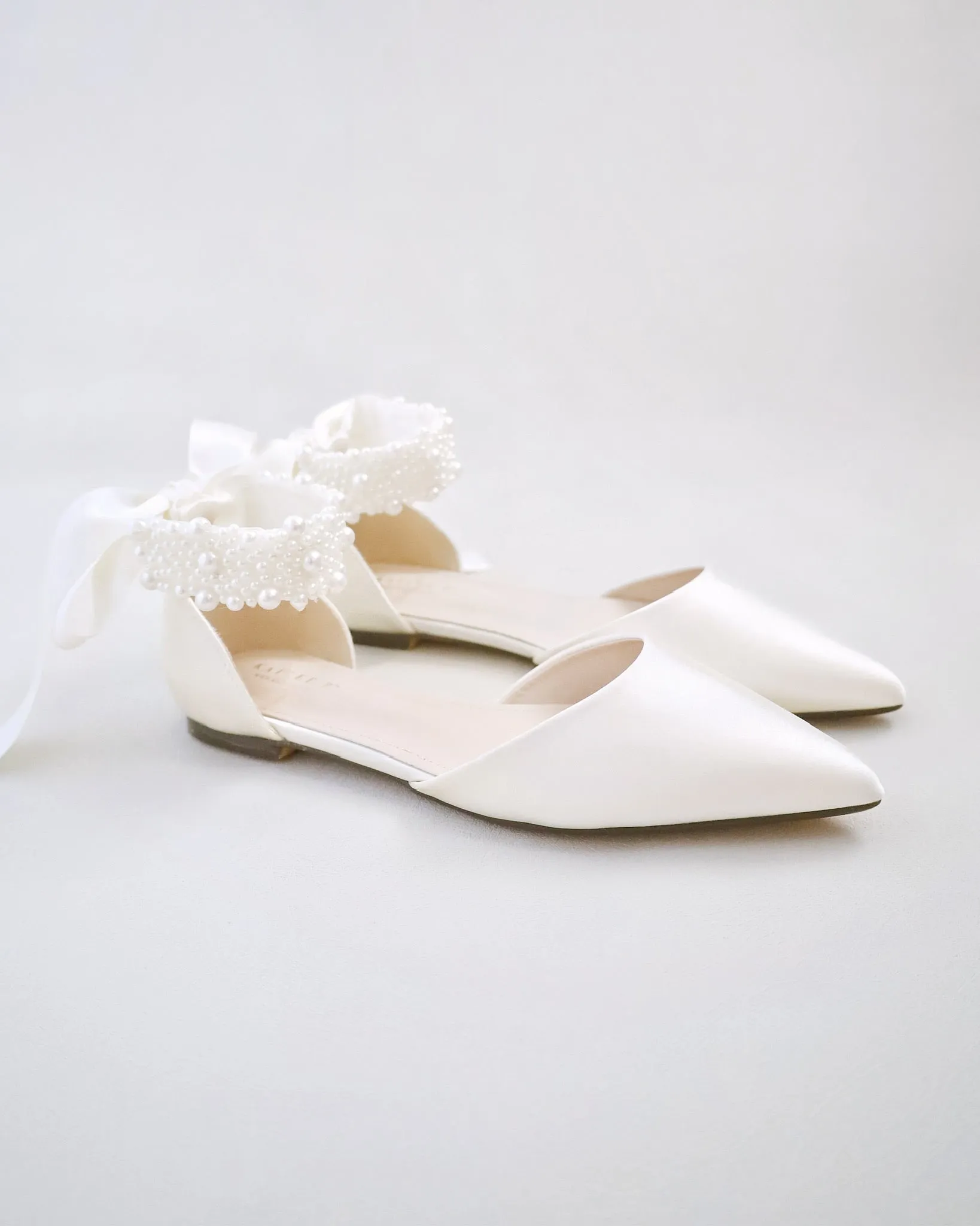 Satin Pointy Toe Wedding Flats with Perla Ankle Strap