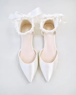 Satin Pointy Toe Wedding Flats with Perla Ankle Strap