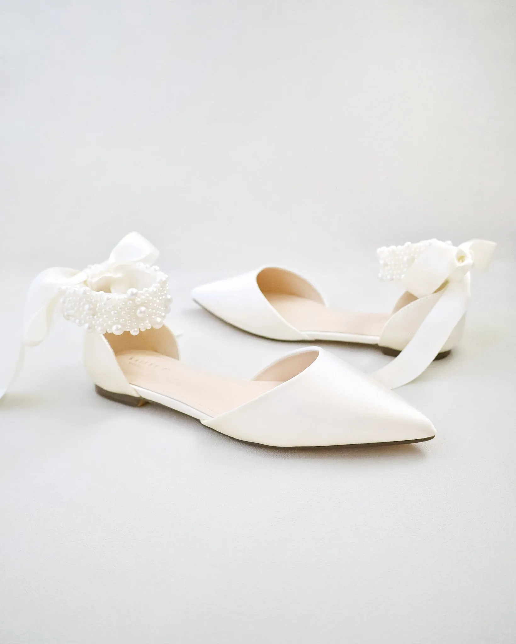 Satin Pointy Toe Wedding Flats with Perla Ankle Strap
