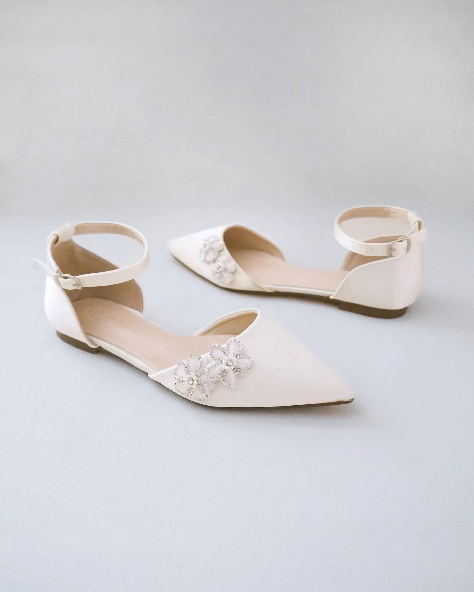 Satin Pointy Toe Wedding Flats with Rhinestones Chassia Flower