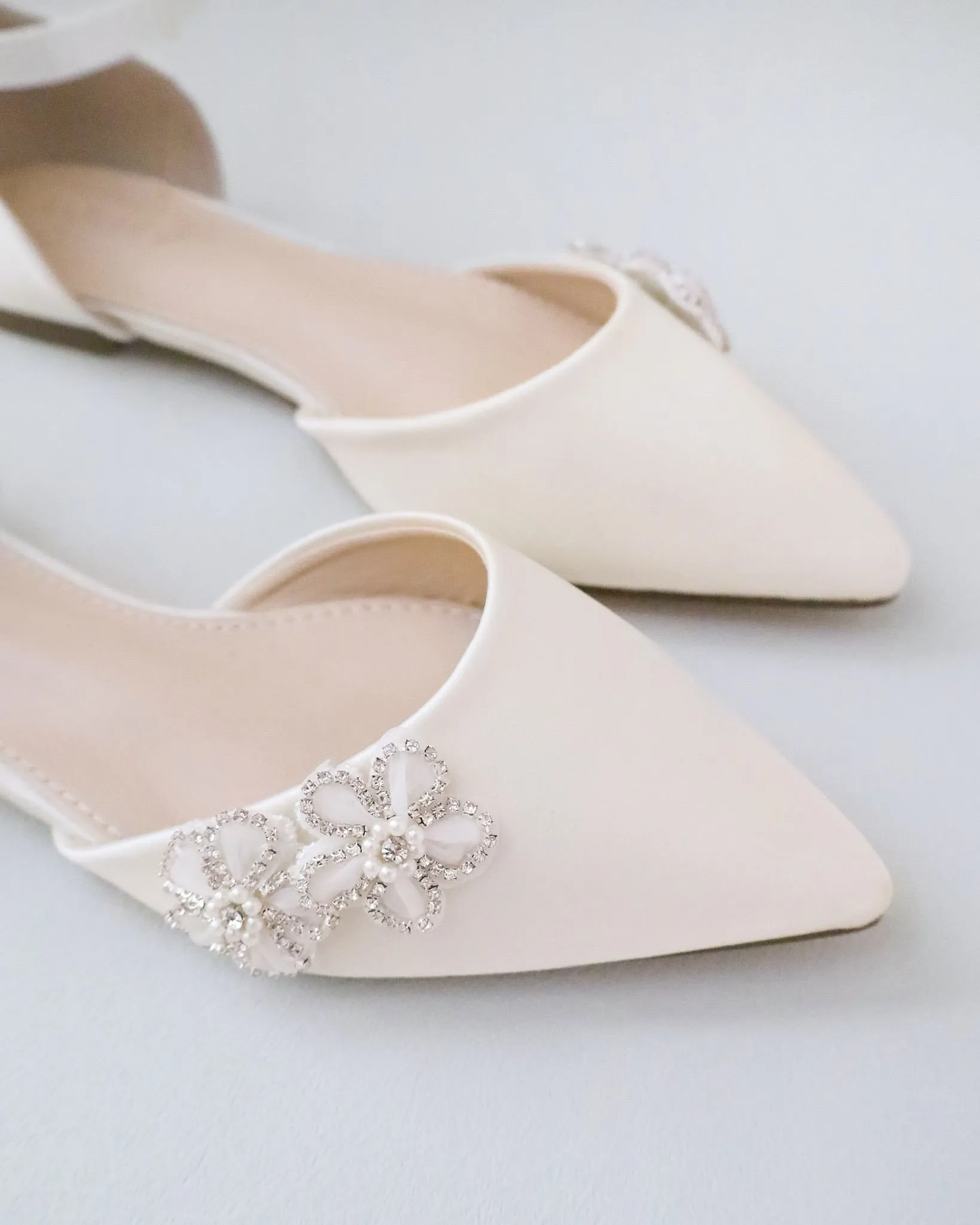 Satin Pointy Toe Wedding Flats with Rhinestones Chassia Flower