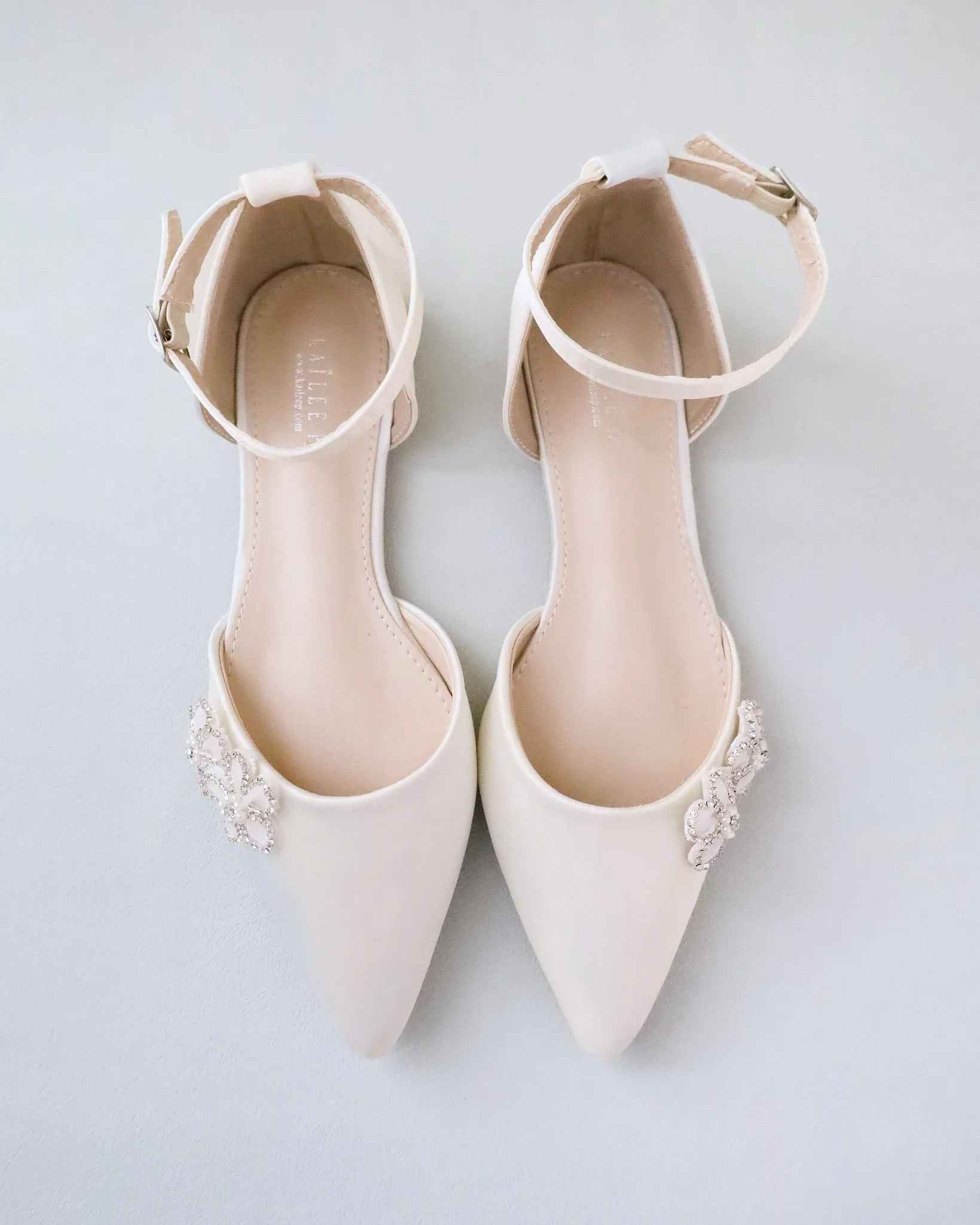 Satin Pointy Toe Wedding Flats with Rhinestones Chassia Flower