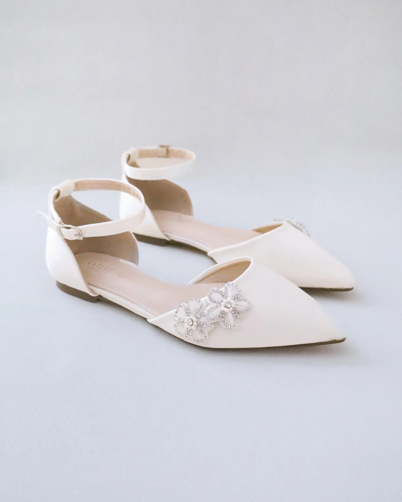 Satin Pointy Toe Wedding Flats with Rhinestones Chassia Flower