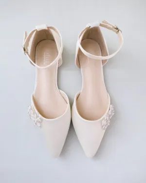 Satin Pointy Toe Wedding Flats with Rhinestones Chassia Flower