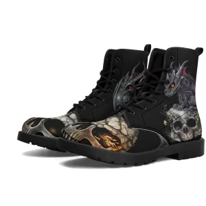 Scary Baby Dragon and Skulls Black Mens Vegan Boots
