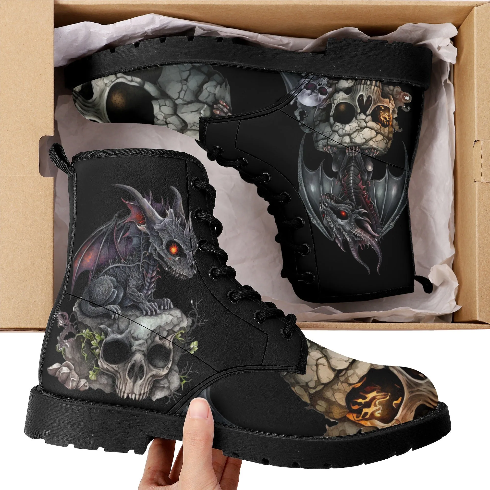Scary Baby Dragon and Skulls Black Mens Vegan Boots