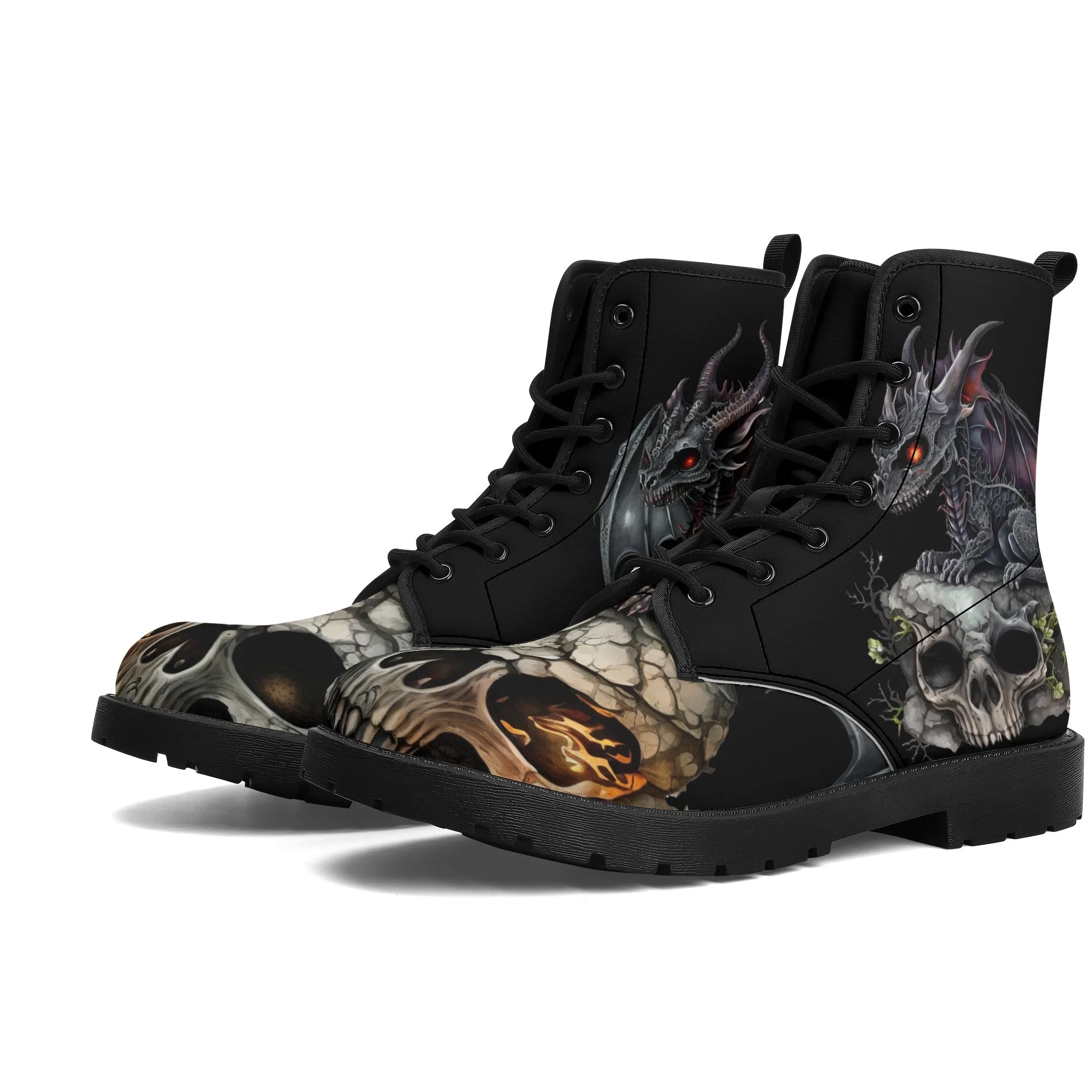 Scary Baby Dragon and Skulls Black Mens Vegan Boots