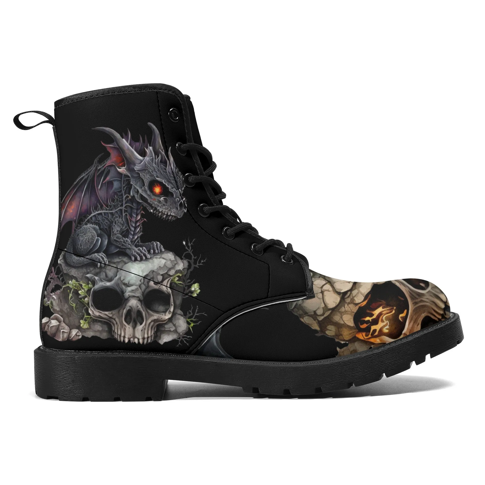 Scary Baby Dragon and Skulls Black Mens Vegan Boots