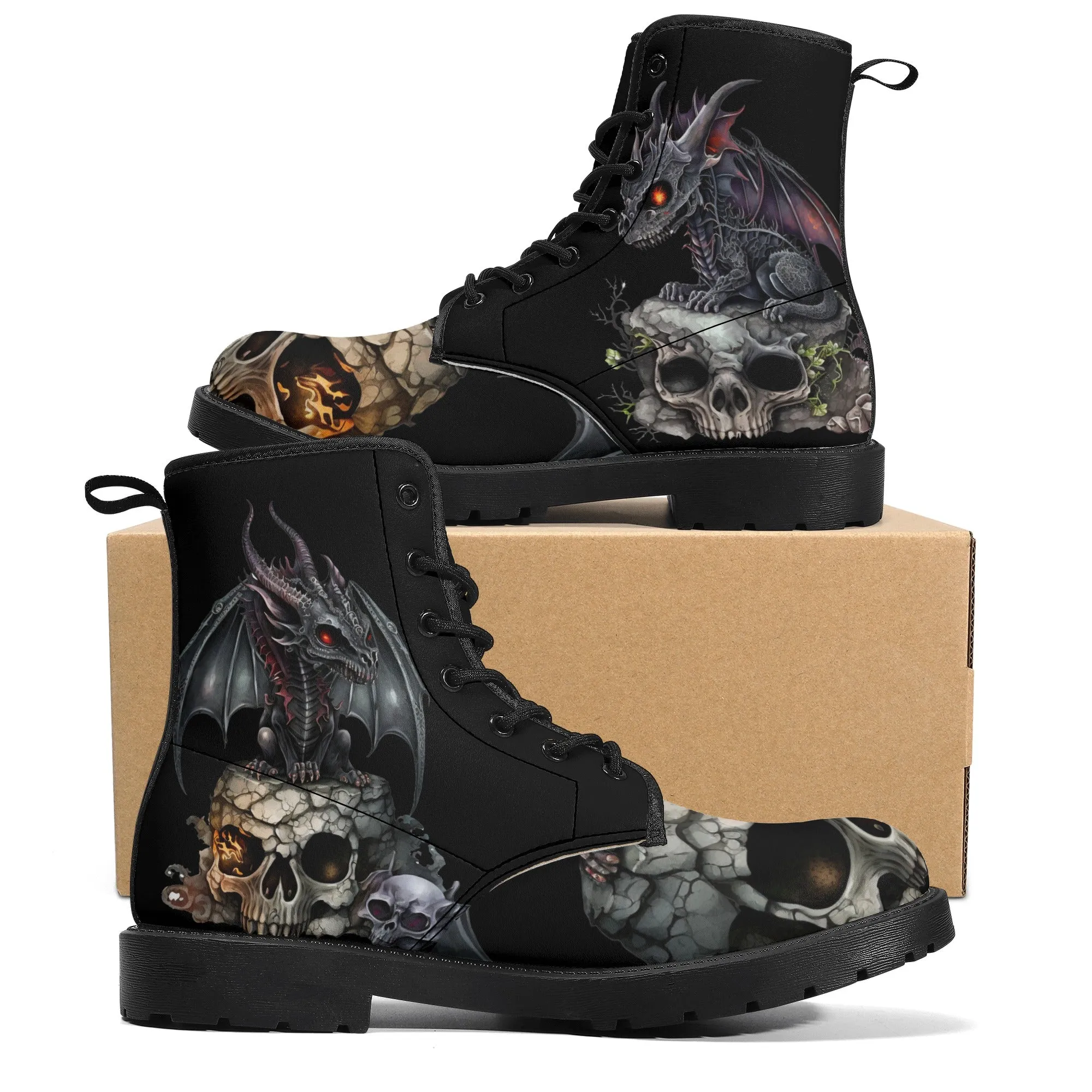 Scary Baby Dragon and Skulls Black Mens Vegan Boots