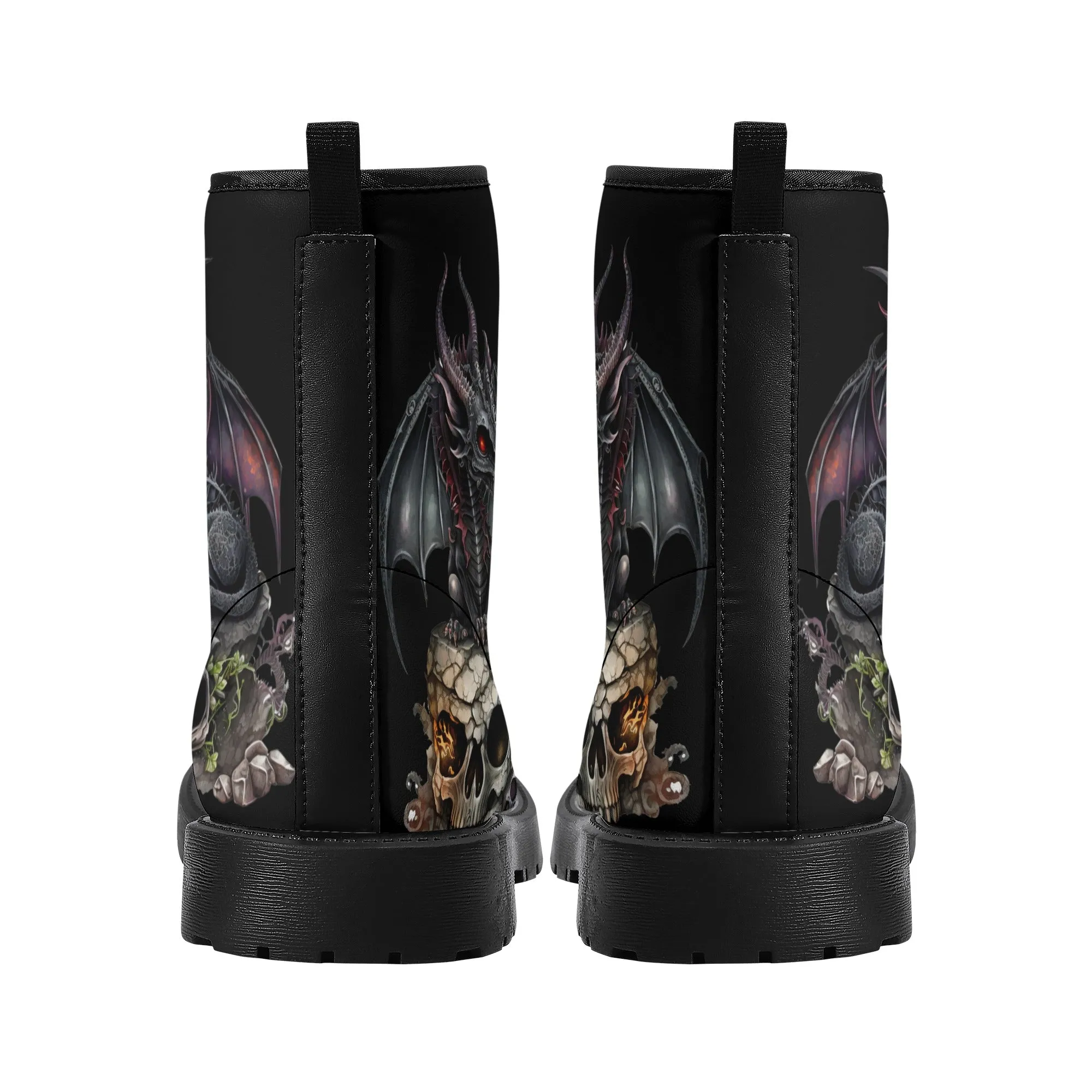 Scary Baby Dragon and Skulls Black Mens Vegan Boots