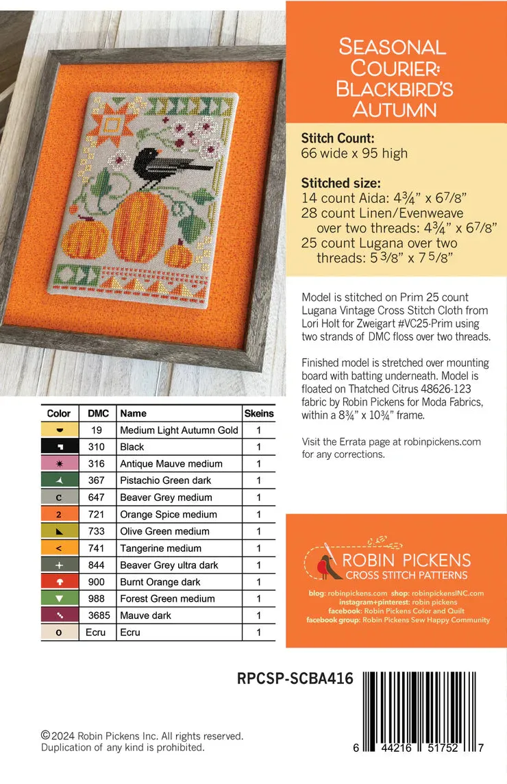 Seasonal Courier: Blackbird's Autumn - Robin Pickens Cross Stitch Patterns