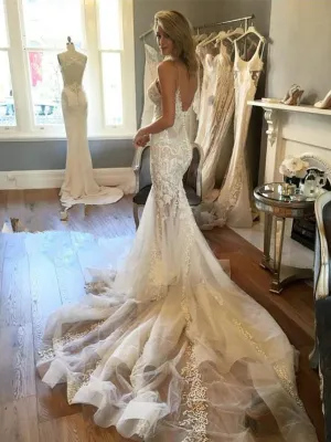 Sexy V-neck Trumpet Mermaid Wedding Dress Open Back Lace Wedding Dress Bridal Gown CA065