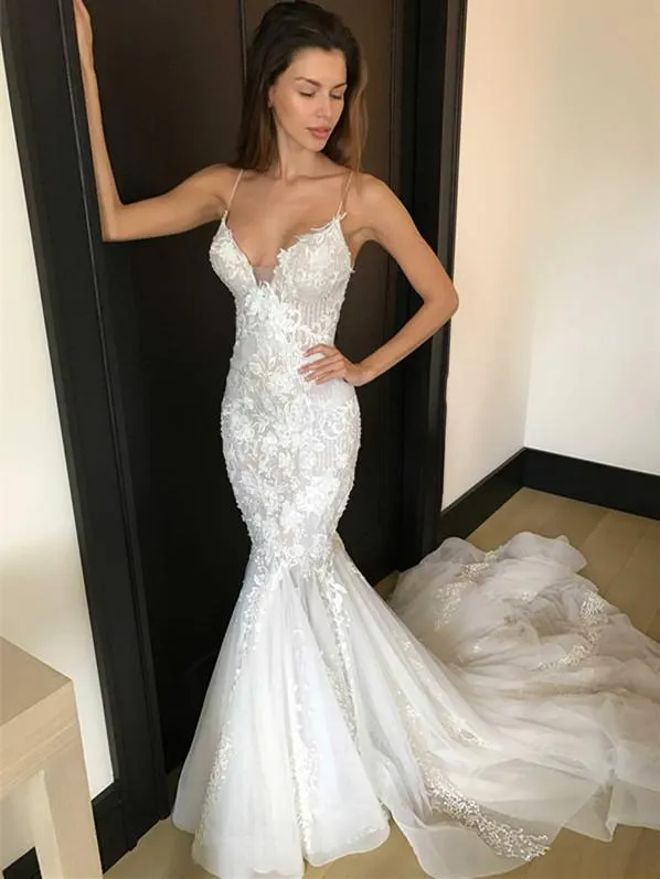 Sexy V-neck Trumpet Mermaid Wedding Dress Open Back Lace Wedding Dress Bridal Gown CA065