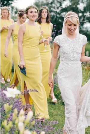 Sheath Crew Open Back Floor-Length Bridesmaid Dress with Split OHS083