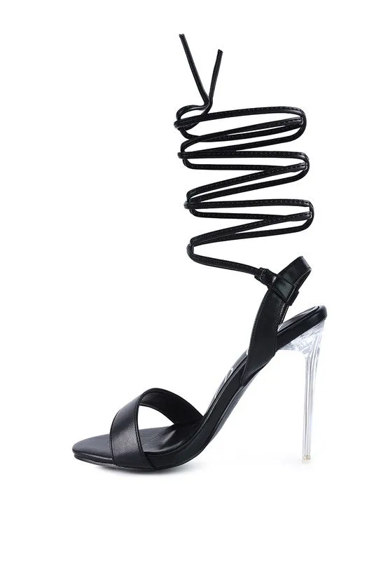 Sheeny Clear 4" Stiletto Heal Lace Up Sandals