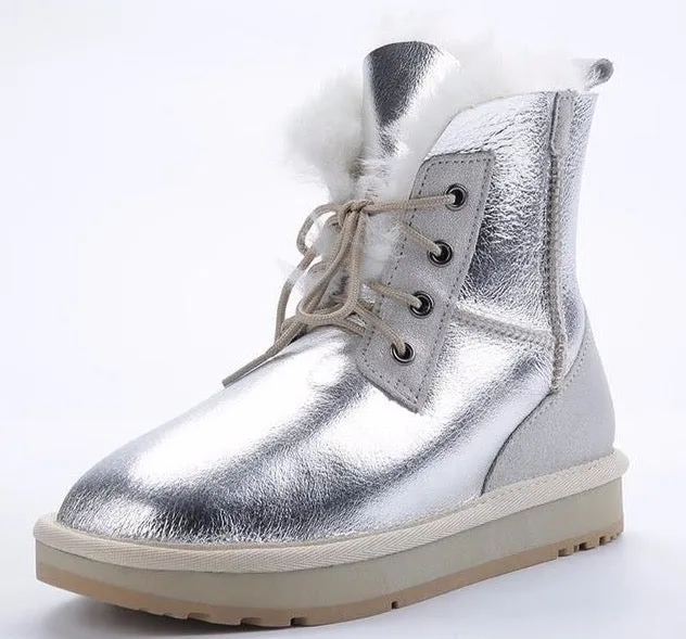 Sheepskin Leather Shearling Wool Fur Lined Women Ankle Winter Boots for Women Snow Boots Casual Warm Waterproof Black