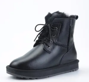 Sheepskin Leather Shearling Wool Fur Lined Women Ankle Winter Boots for Women Snow Boots Casual Warm Waterproof Black