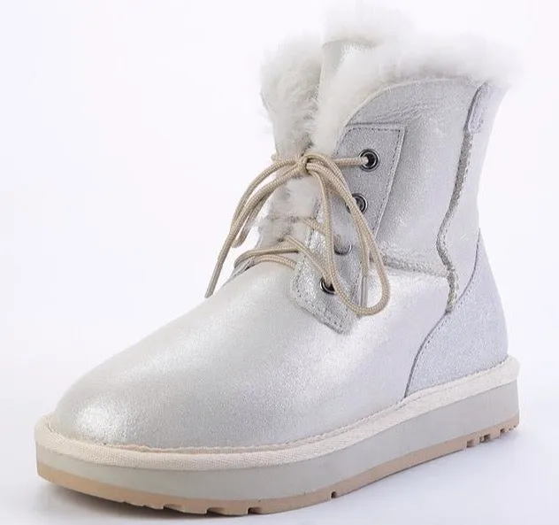 Sheepskin Leather Shearling Wool Fur Lined Women Ankle Winter Boots for Women Snow Boots Casual Warm Waterproof Black