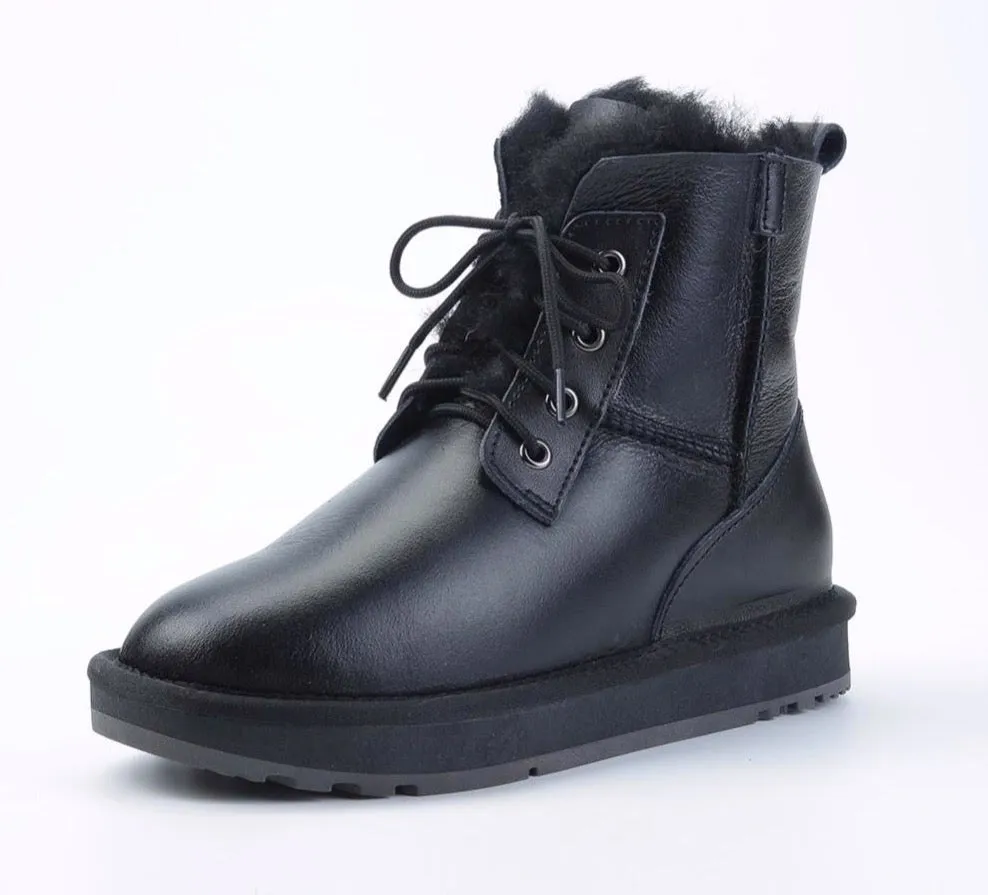 Sheepskin Leather Shearling Wool Fur Lined Women Ankle Winter Boots for Women Snow Boots Casual Warm Waterproof Black