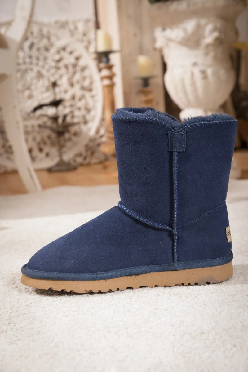 Side Button Suede Boot - Navy