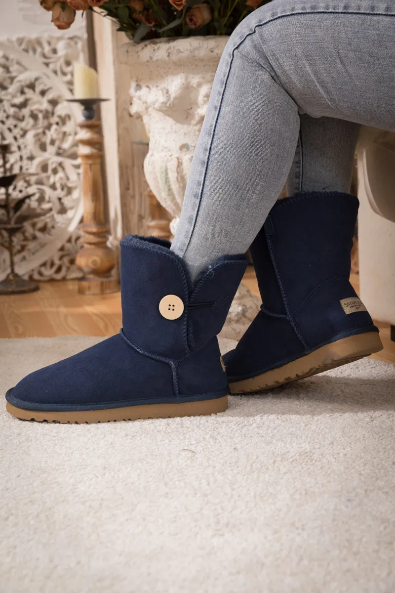 Side Button Suede Boot - Navy