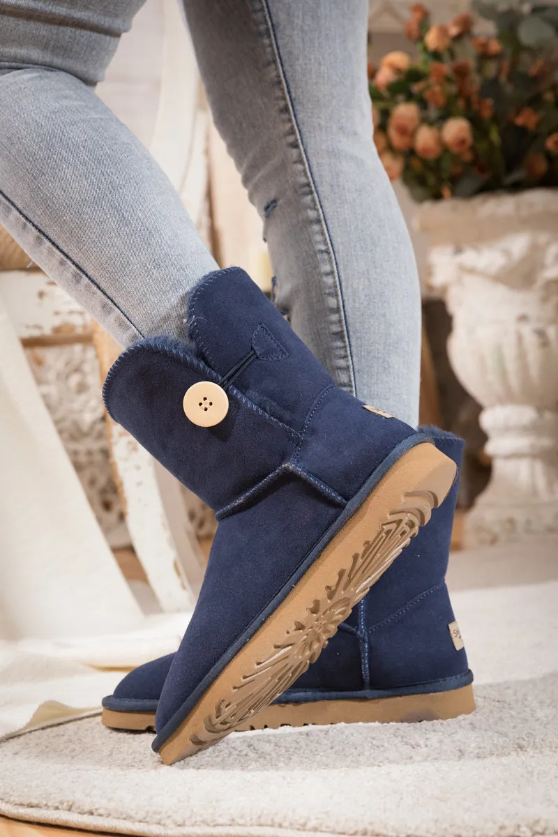 Side Button Suede Boot - Navy