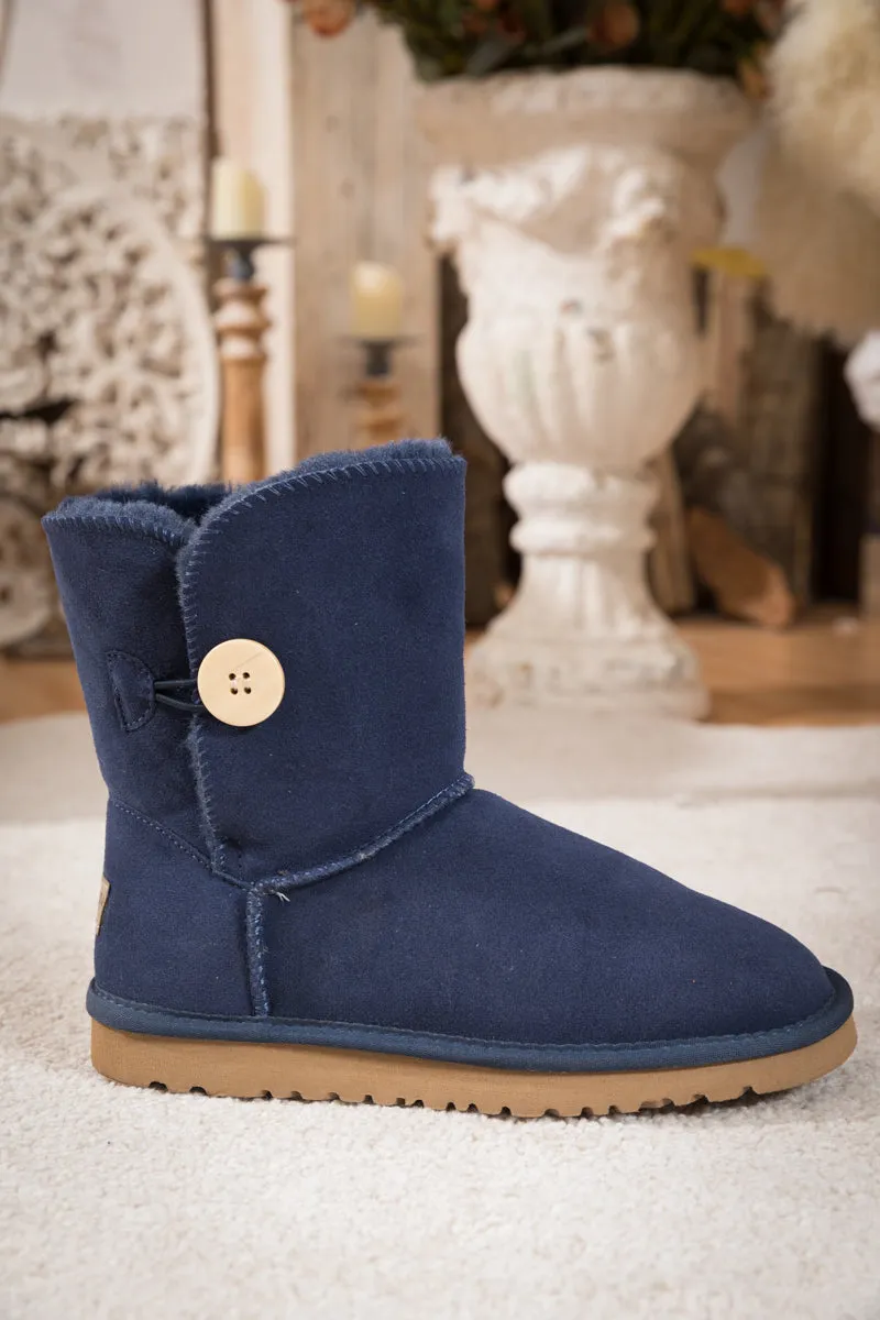 Side Button Suede Boot - Navy