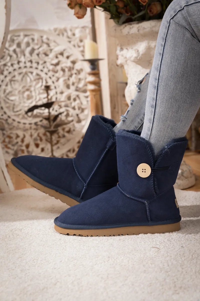Side Button Suede Boot - Navy