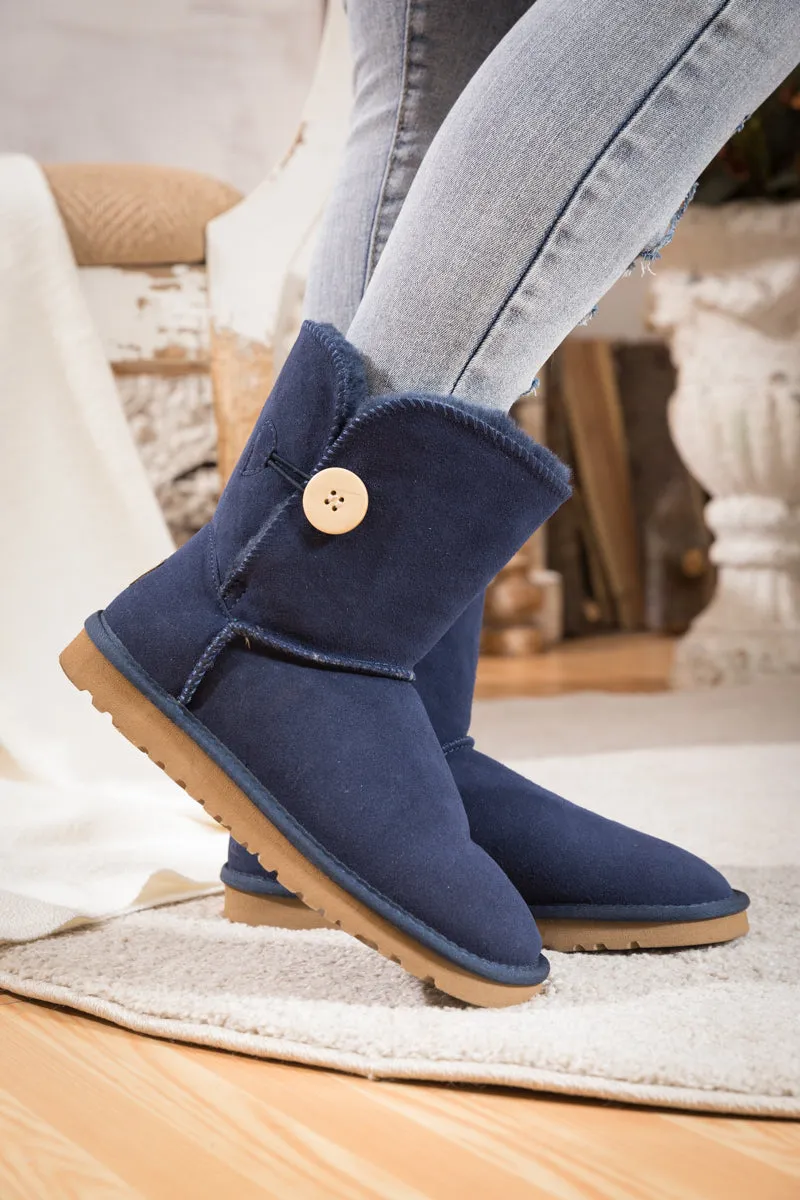 Side Button Suede Boot - Navy