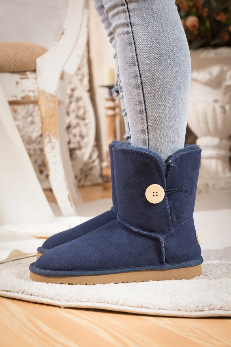 Side Button Suede Boot - Navy