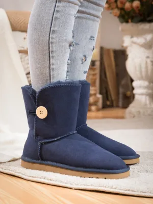 Side Button Suede Boot - Navy