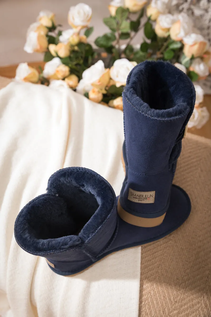 Side Button Suede Boot - Navy