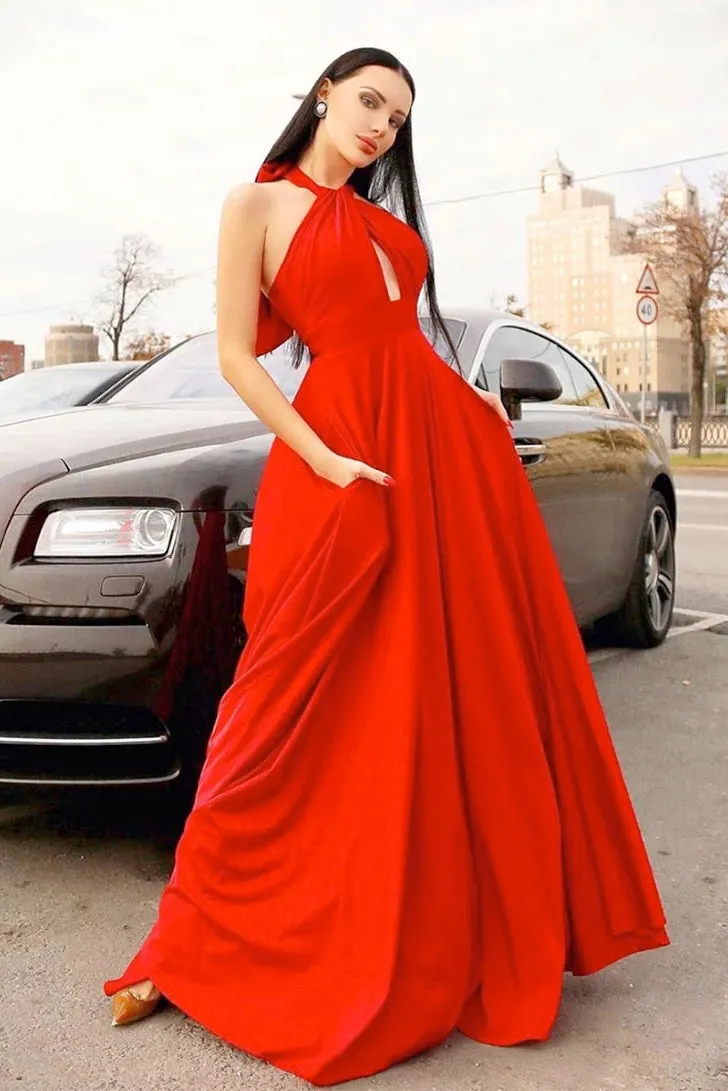 Simple Charming A Line Halter Sweep Train Sleeveless Open Back Long Red Chiffon Prom Dress OHC341
