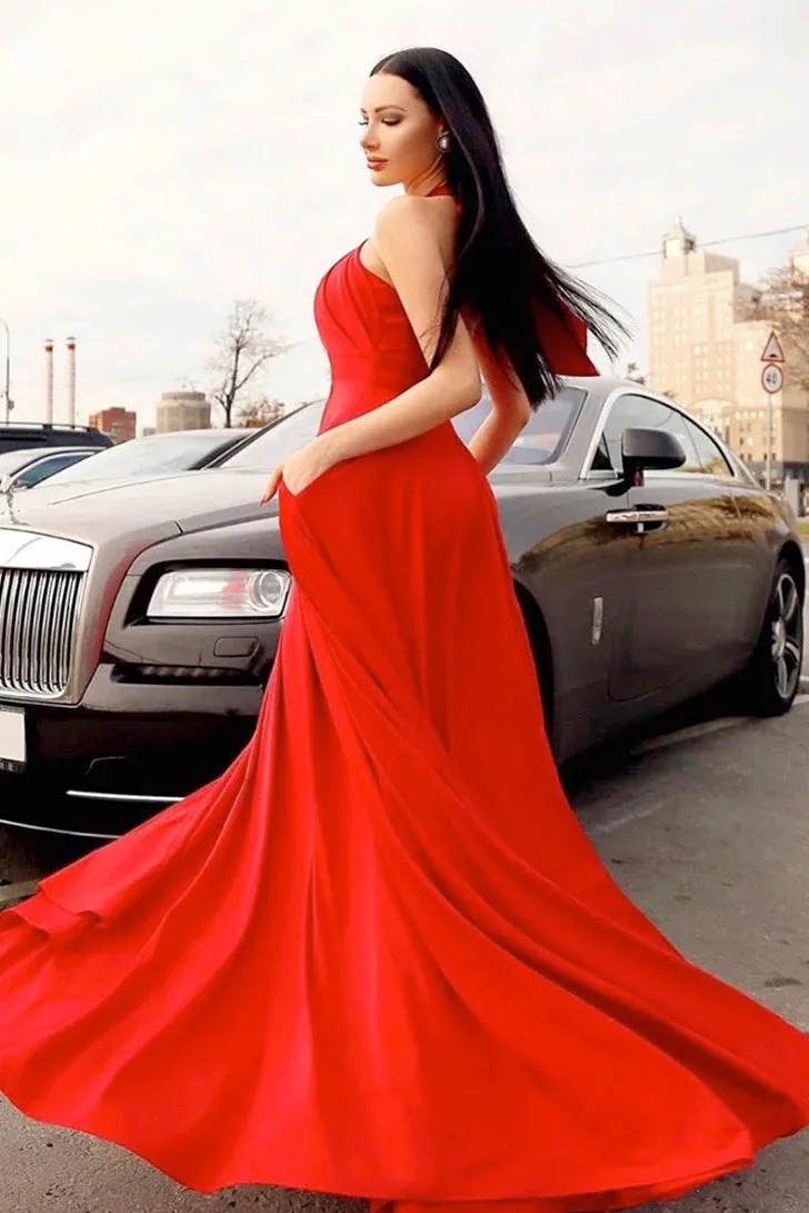 Simple Charming A Line Halter Sweep Train Sleeveless Open Back Long Red Chiffon Prom Dress OHC341
