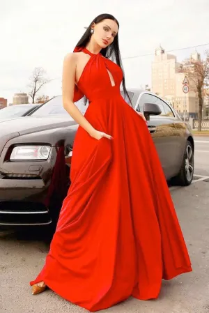 Simple Charming A Line Halter Sweep Train Sleeveless Open Back Long Red Chiffon Prom Dress OHC341