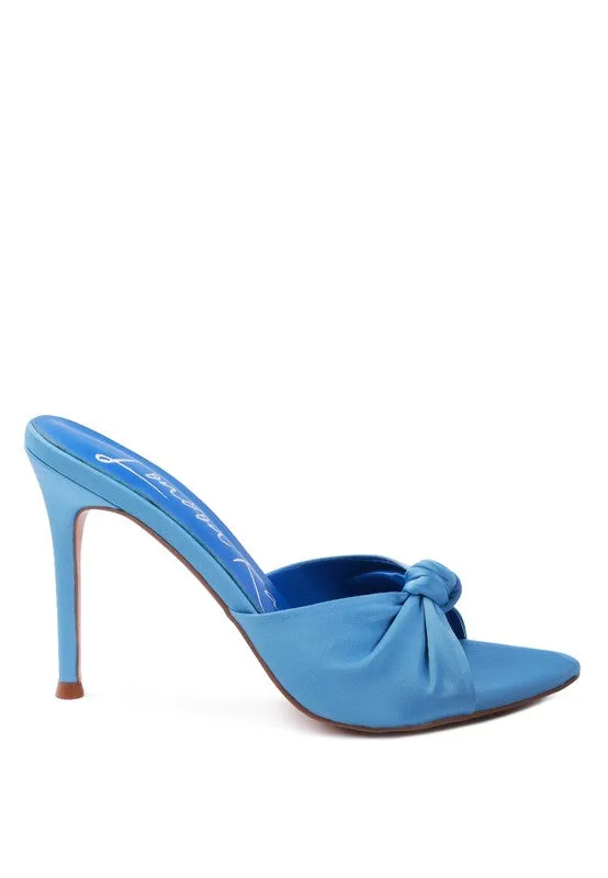 Size 6 Blue Satin Knot High Heel Sandals
