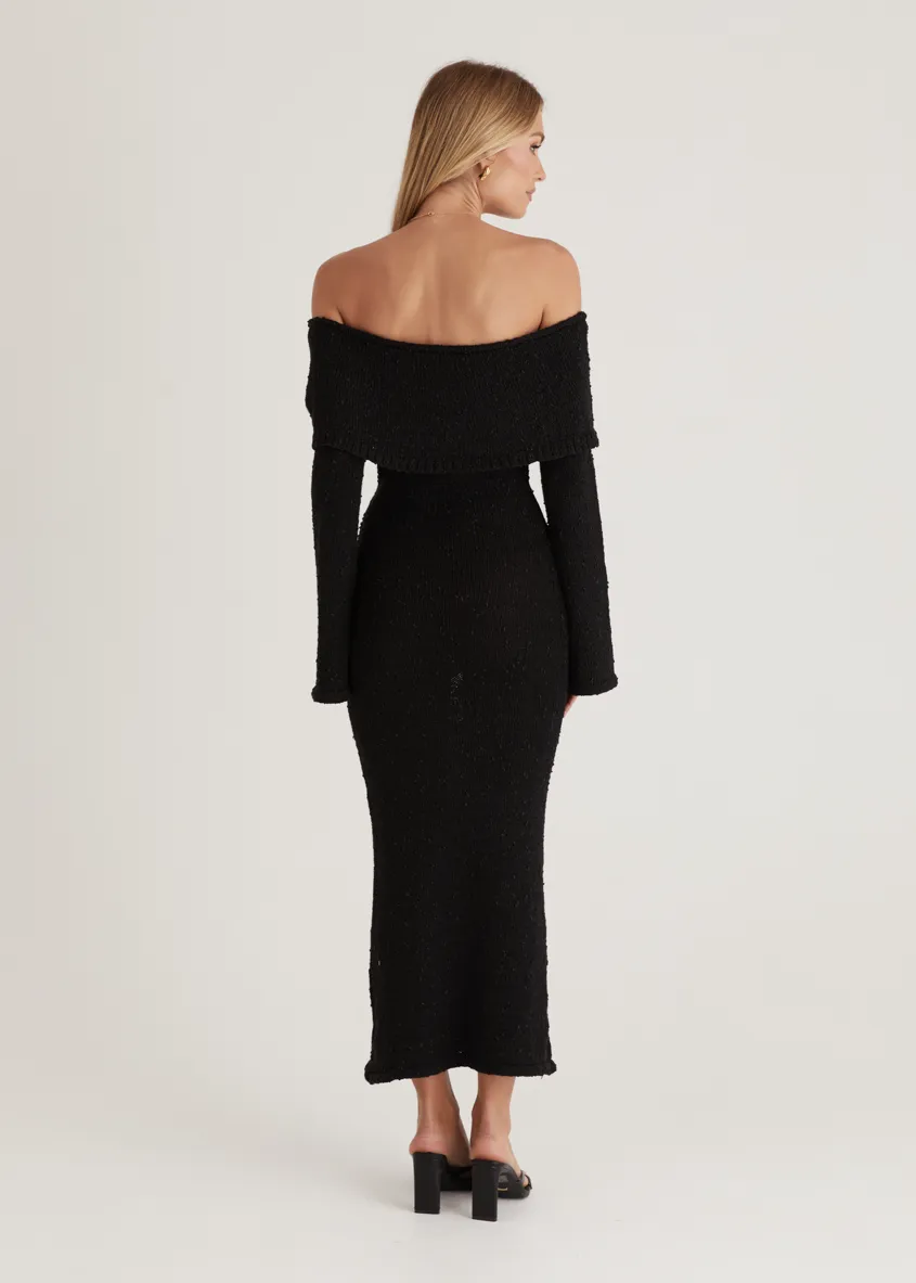 Sky Off Shoulder Knit Midi Dress - Black