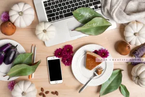 Smartphone, Laptop & Pumpkins Pie on Wooden Table