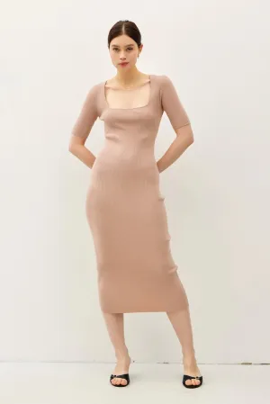 Square Neck Half Sleeve Body Con Sweater Dress Taupe