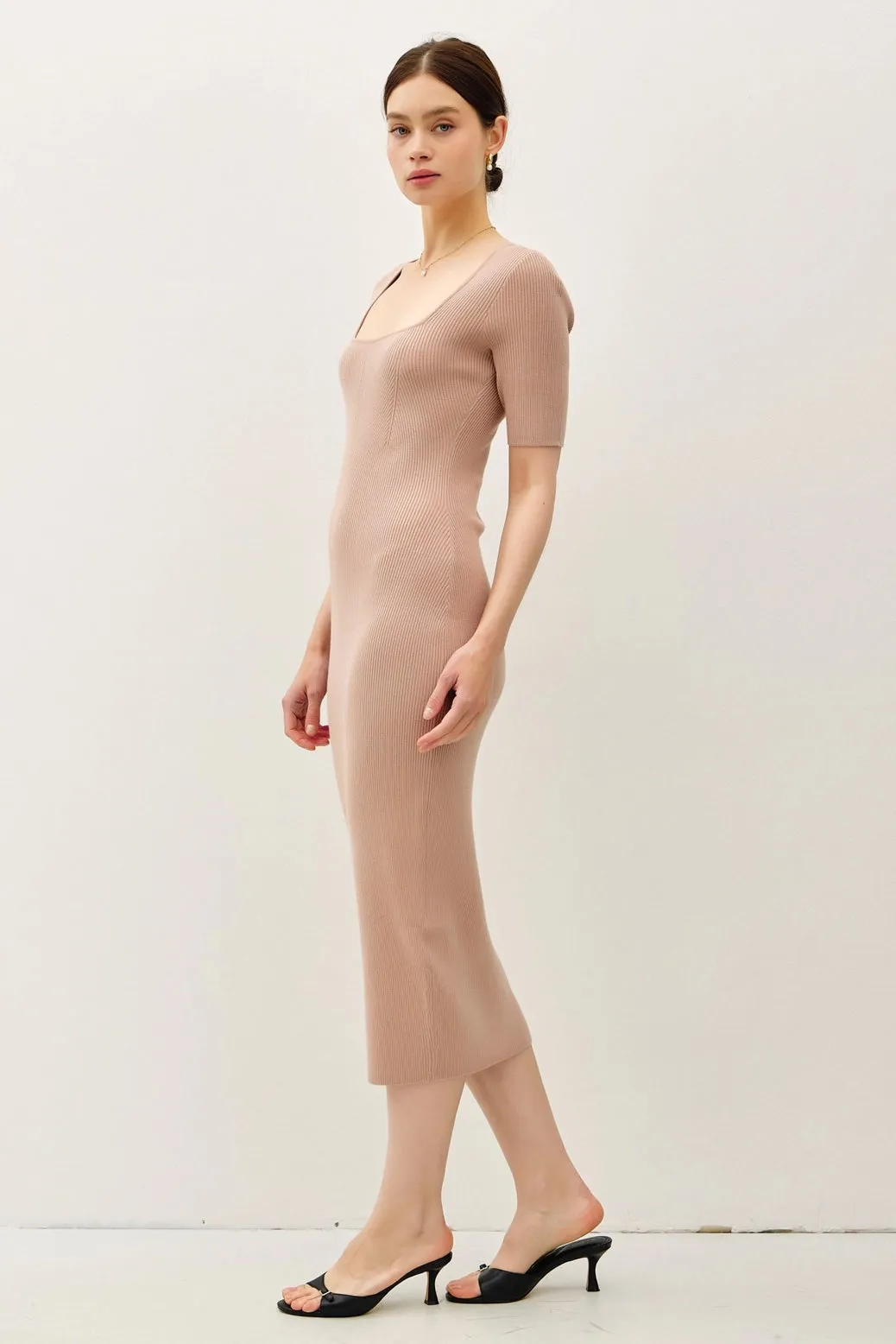 Square Neck Half Sleeve Body Con Sweater Dress Taupe