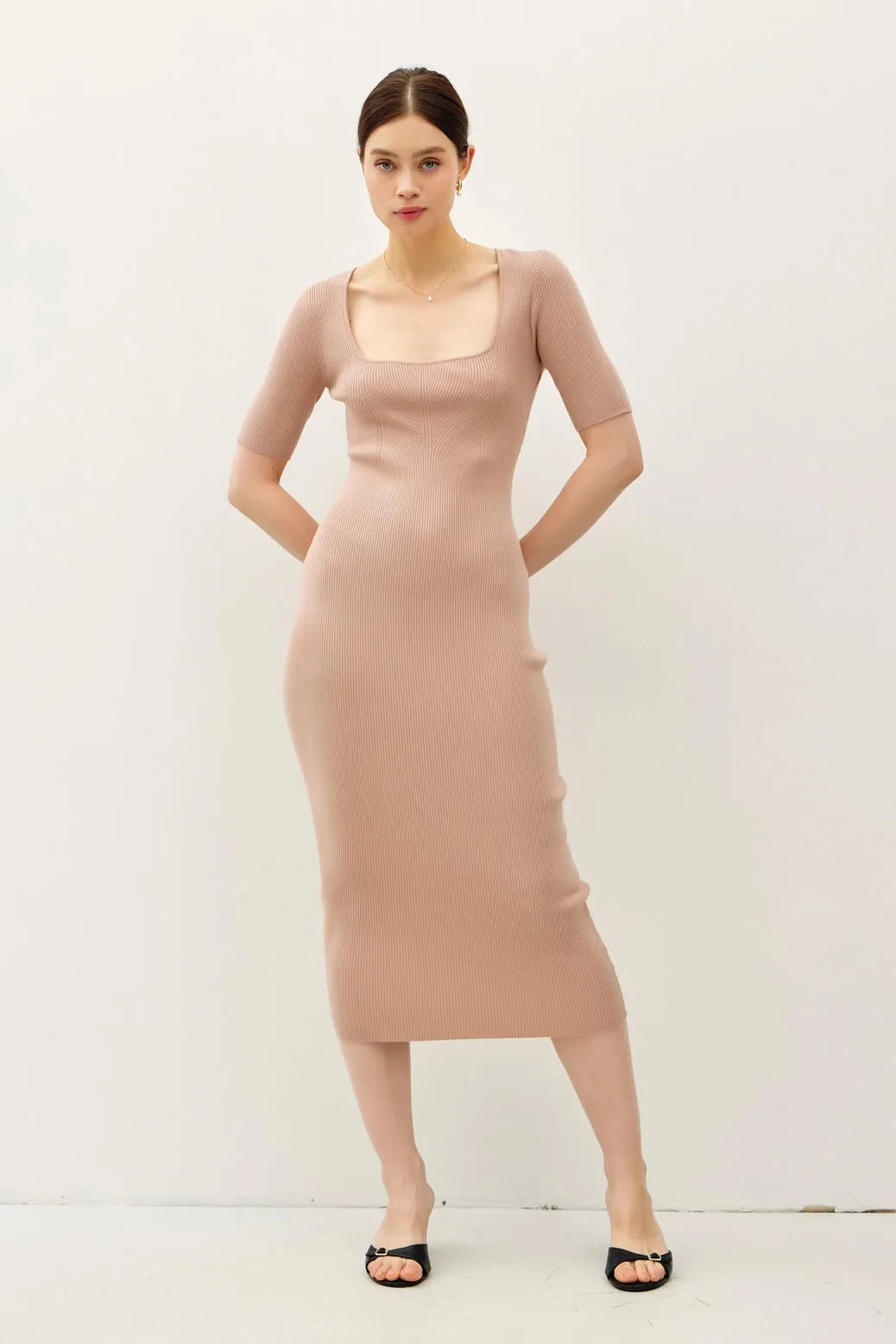 Square Neck Half Sleeve Body Con Sweater Dress Taupe