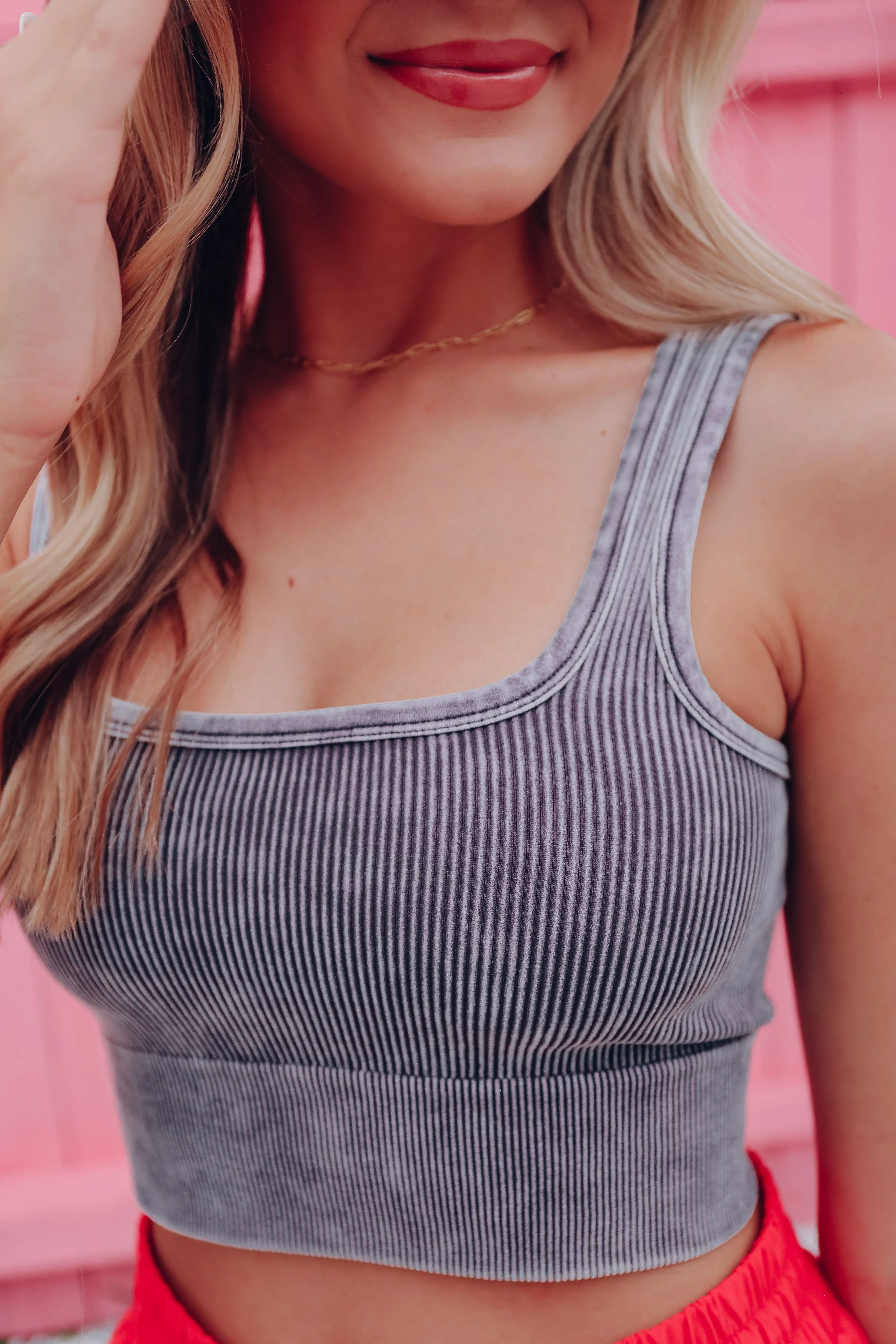 Square Neck Ribbed Crop Tank - Ash Grey