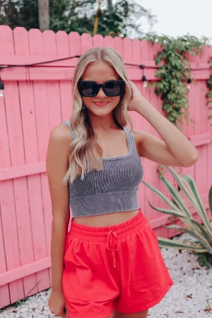 Square Neck Ribbed Crop Tank - Ash Grey