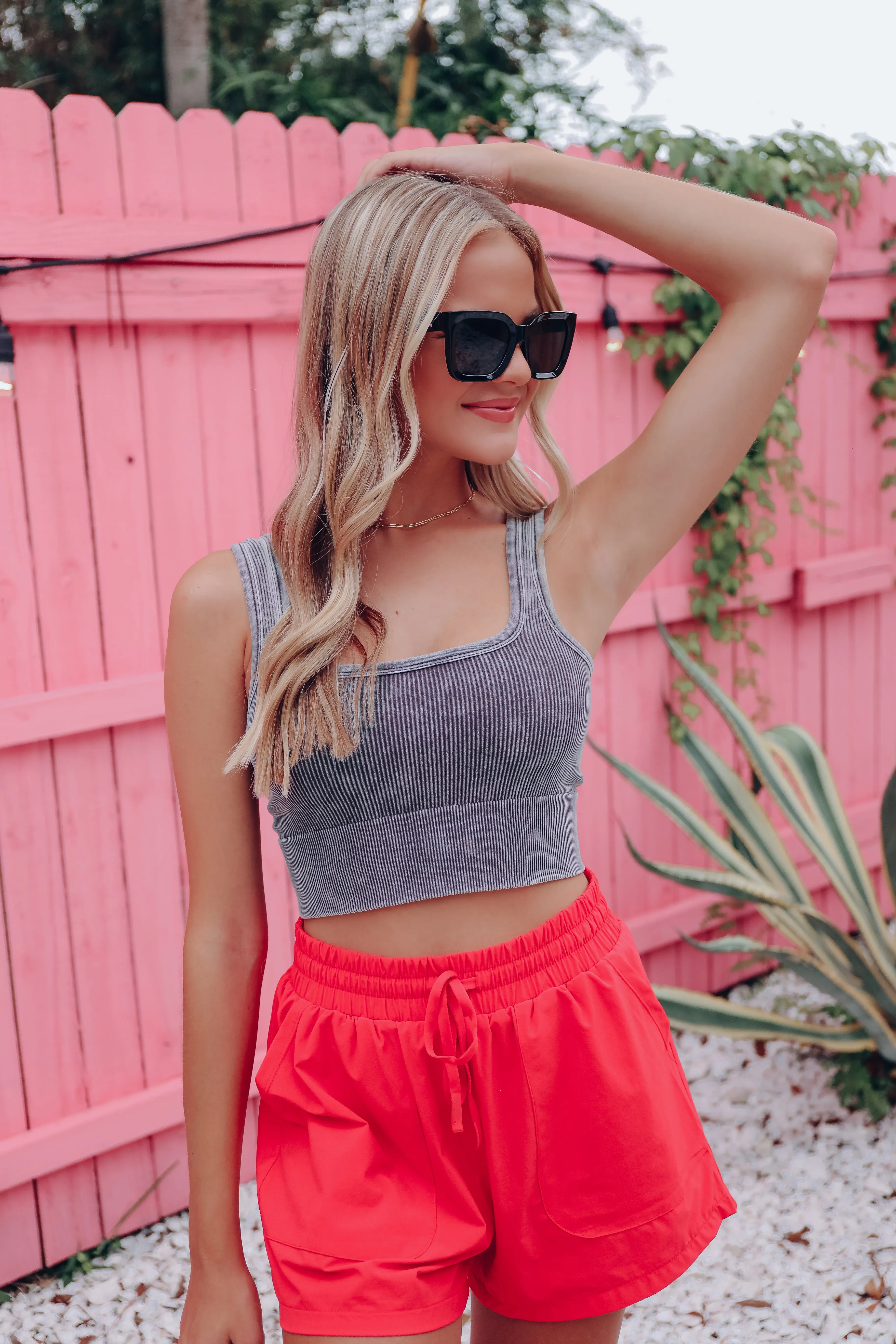 Square Neck Ribbed Crop Tank - Ash Grey